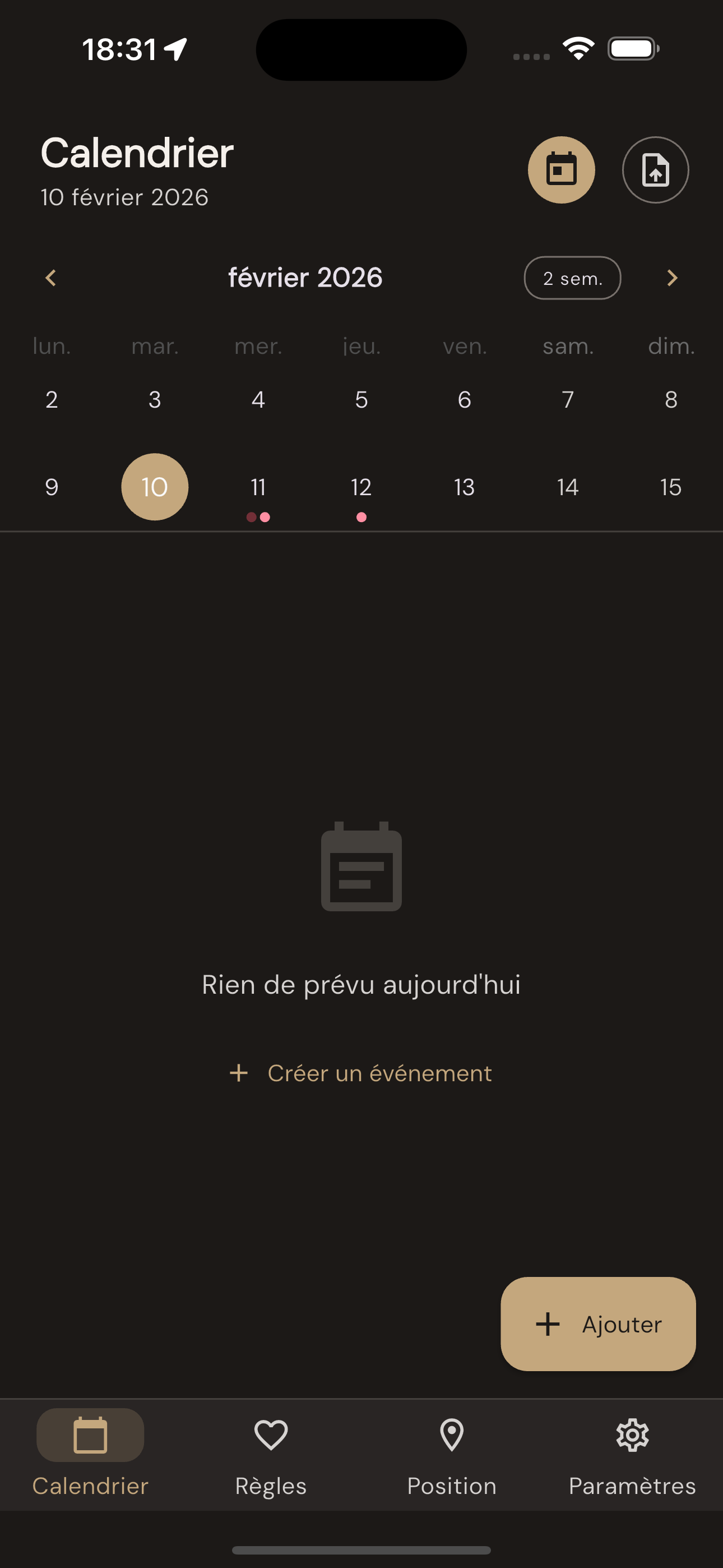 Aperçu du calendrier partagé dans l'application Nous Deux