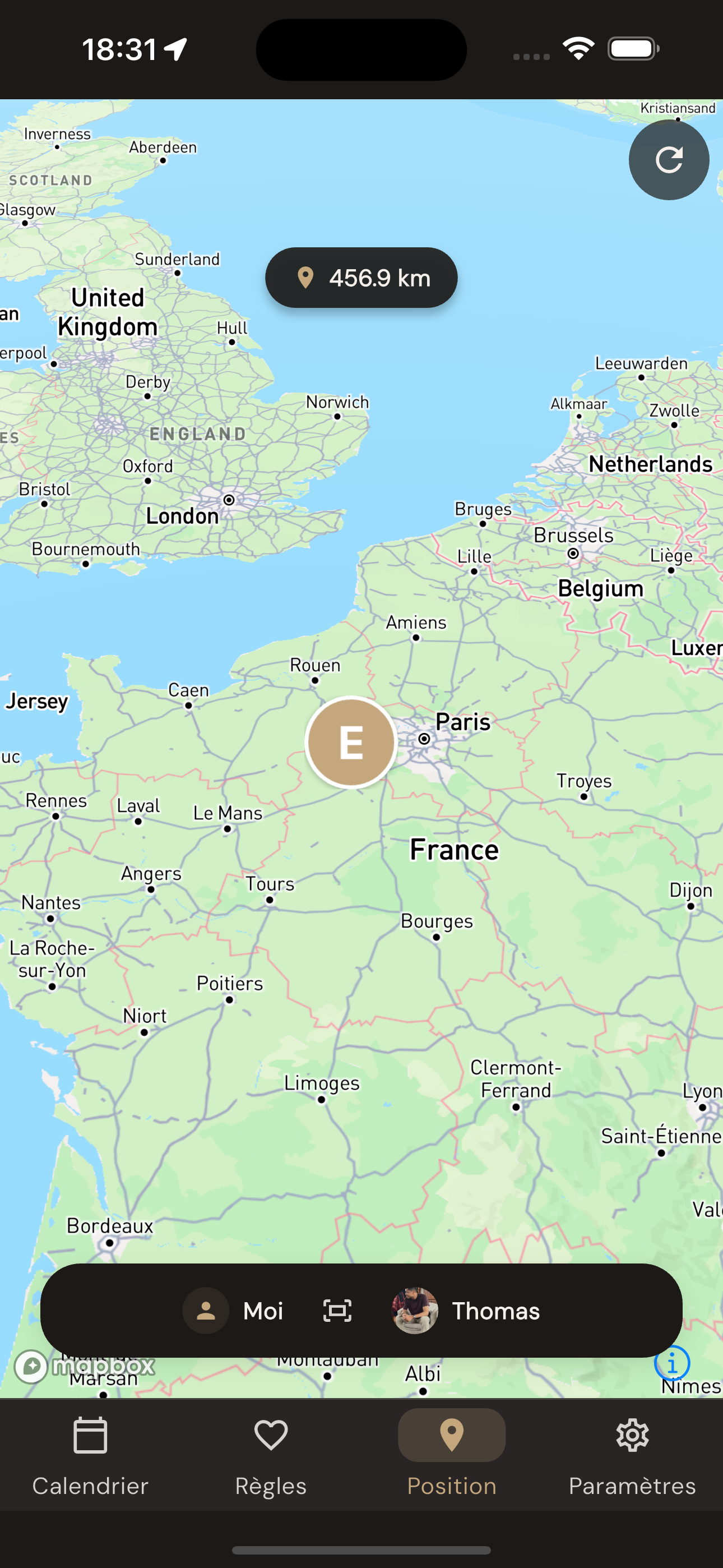 Aperçu du partage de position dans l'application Nous Deux